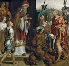 Abraham receiving the blessing from Melchizedek